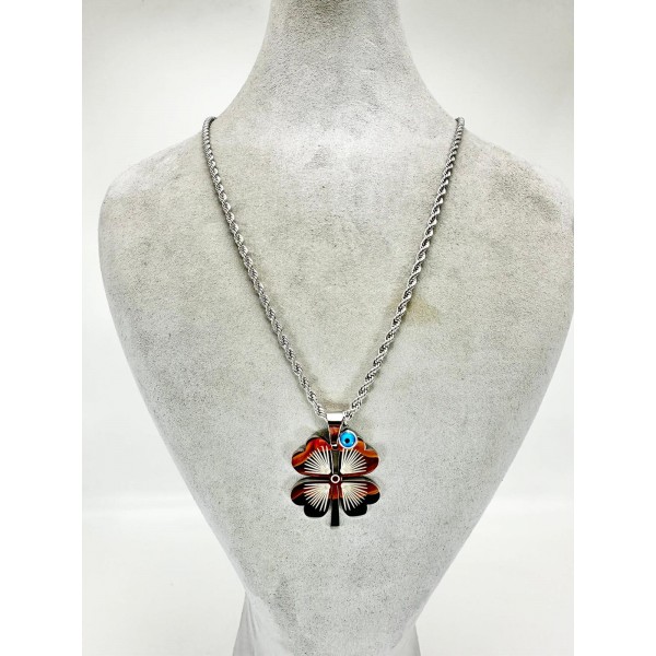 Gümüş Yonca Yapraklı Nazar Boncuklu Kolye